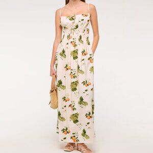 A&F Smocked Tie Front Maxi Dress | Cream Fruit Print | Size XL